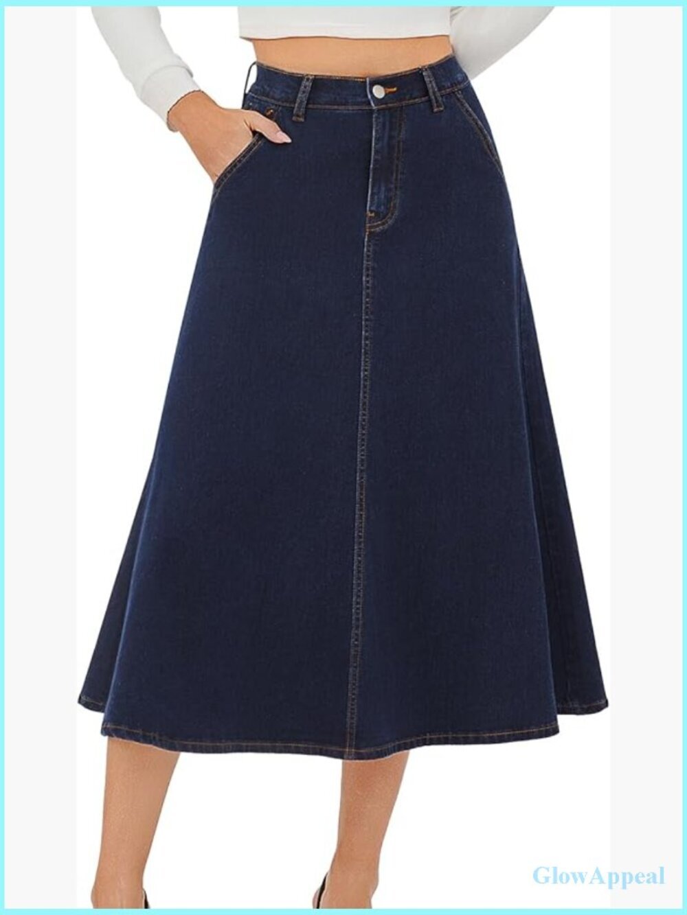 High Waisted Stretchy A Line Maxi Jean Skirt with Pockets